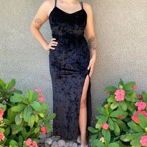 Stunning black velvet long dress with slit